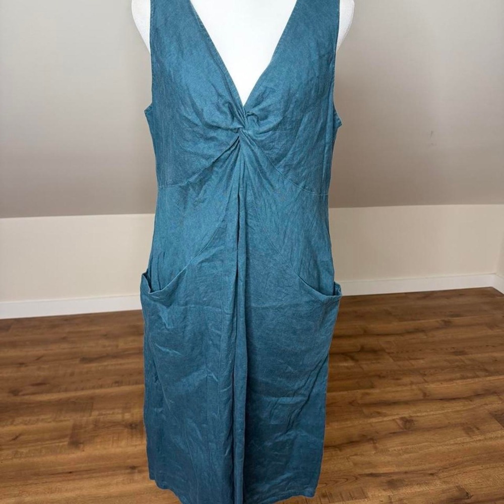 J.Jill 100% Linen Teal Midi Dress Size 10 Coastal Boho Lagenlook